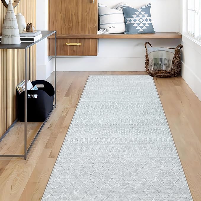 Runner Rug 2x6 Boho Geometric Area Rugs: Small Washable Kitchen Entryway Rug, Soft Non Slip Moroccan Long Hallway Rugs for Bedroom Bathroom Laundry Entryway Staircase Foyer(Modern Grey,2'x6')