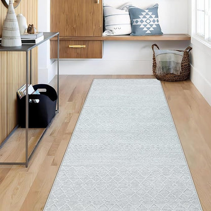 Runner Rug 2x6 Boho Geometric Area Rugs: Small Washable Kitchen Entryway Rug, Soft Non Slip Moroccan Long Hallway Rugs for Bedroom Bathroom Laundry Entryway Staircase Foyer(Modern Grey,2'x6')