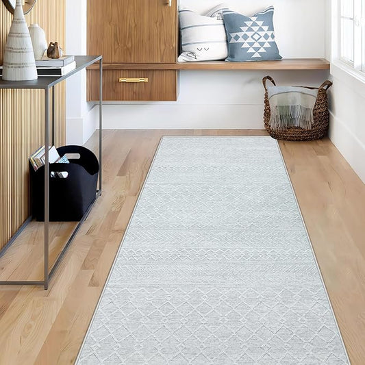 Runner Rug 2x6 Boho Geometric Area Rugs: Small Washable Kitchen Entryway Rug, Soft Non Slip Moroccan Long Hallway Rugs for Bedroom Bathroom Laundry Entryway Staircase Foyer(Modern Grey,2'x6')