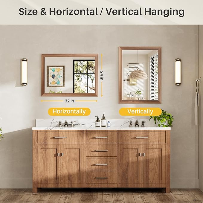 24x32 Inch Bathroom Mirror for Wall, Anti-Rust Walnut Wood Grain Metal Framed Bathroom Mirrors for Over Sink,Rectangler Mirrors for Bathroom Vanity, Farmhouse, Bedroom, Living Room, Entryway Decor