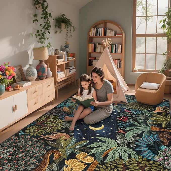 GarveeHome Large Area Rugs 9x12 for Living Room, Jungle Animal Washable Rug Soft Non Slip Backing Floor Mat Carpet Indoor Thin Accent Rug for Bedroom Dining Room Playroom Nursery Home Decor