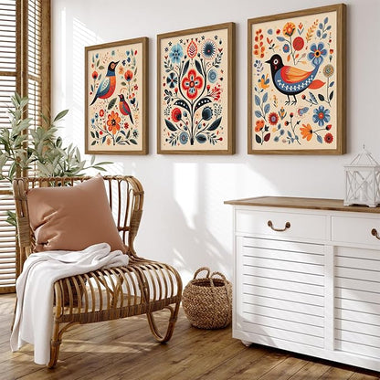Scandinavian Folk Wall Art Nodic Flower Canvas Wall Decor Norwegian Wall Art Poster Swedish Antique Wall Decor Pictures Floral Bird Prints Vintage Poster for Home Kitchen 12x16x3 Inch Framed
