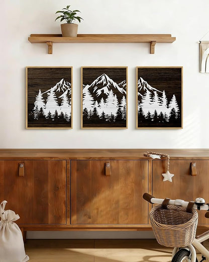 PHOPAGO Mountains Tree Framed Wall Art Boho Forest Nature Landscape Artwork Paints Morden Country Woodcut Wood Wall Decor Rustic Home Decor - 11x14in Natural Framed