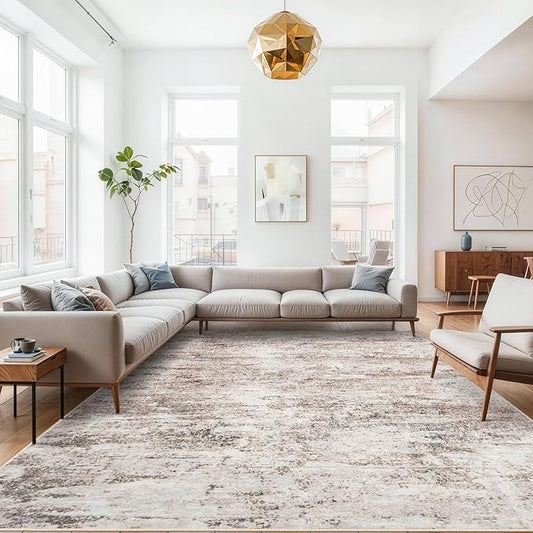 RUUGME 9X12 Abstract Area Rug:Large Washable Living Room Rug Non Slip Low Pile Carpet for Bedroom Soft Foldable Stain Resistant Distressed Thin Rug for Dining Room Kitchen 9X12 Brick/Brown/Beige