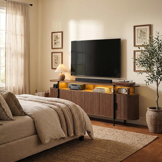 69" Mid Century Modern TV Stand, Curved Entertainment Center with LED Light & Power Outlet, Fluted Wood TV Stand for TVs up to 80'',Media TV Console Table with Sliding Doors for Living Room, Walnut