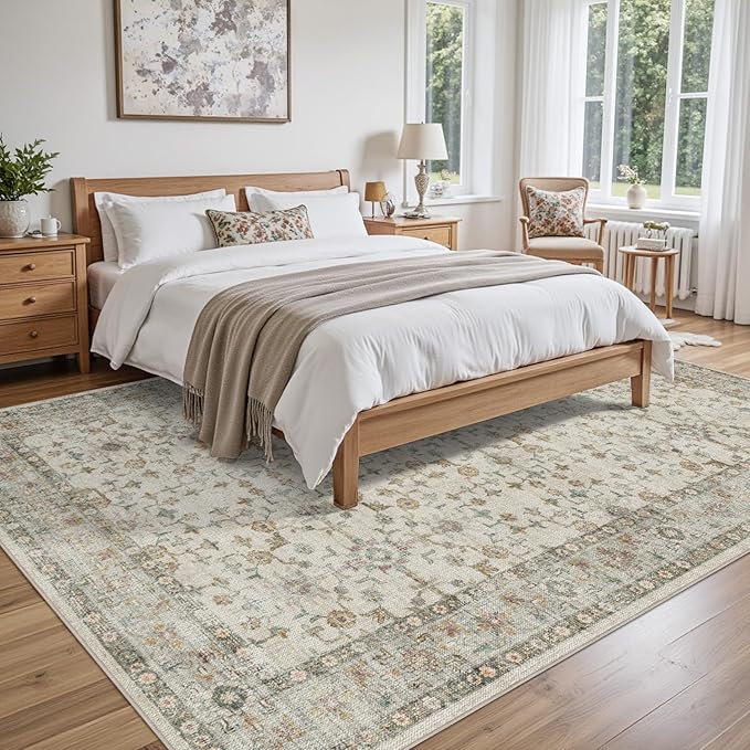 DEXI Area Rugs for Living Room, 5x8 Washable Low Pile Vintage Rug for Bedroom, Non Slip Indoor Carpet for Dining Office Nursery, Beige Cream