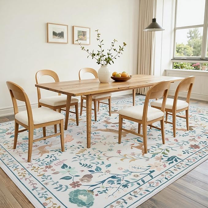8x10 Area Rugs Washable Rug: Lagre Boho Living Room Rug Soft Non-Slip Thin Carpet Indoor Floor Non-Shedding Neutral Floral Carpets for Bedroom Dining Room Farmhouse Nursery Cream Gray