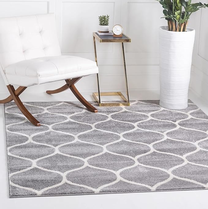 Unique Loom Trellis Frieze Collection Area Rug - Rounded (4' Square, Light Gray/ Ivory)