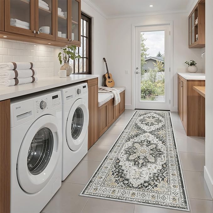 Madane Washable Runner Rug - 2x6 Rug Runners for Hallways 6 Feet Non Slip Vintage Kitchen Runner Rug Ultra-Thin Bathroom Runner Rugs Carpet Laundry Room Bedroom (2x6ft, Black)