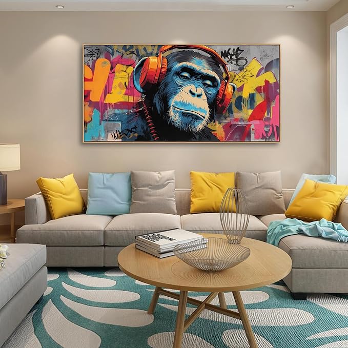 Sorbrozo DJ Gorilla with Headphones - Vibrant Street Graffiti Canvas Wall Art Colorful Animal Painting for Boys Room Music Themed Home Decor 20x40in