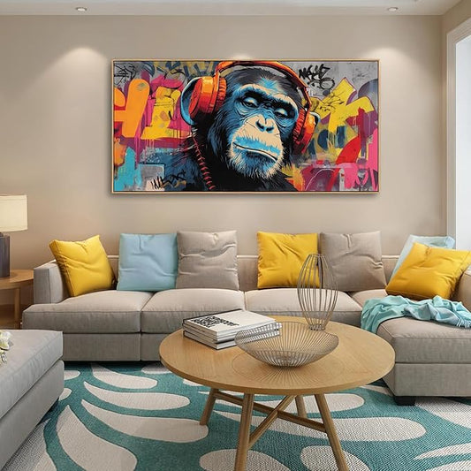 Sorbrozo DJ Gorilla with Headphones - Vibrant Street Graffiti Canvas Wall Art Colorful Animal Painting for Boys Room Music Themed Home Decor 20x40in