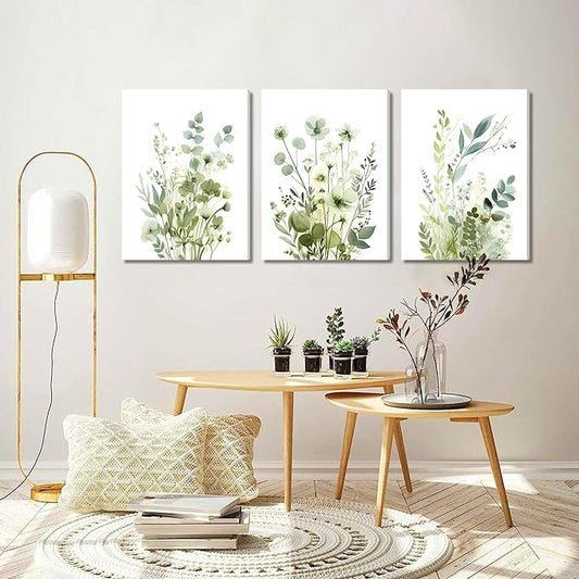 Boho Floral Canvas Wall Art Set of 3, Sage Green Wildflower Botanical Wall Decor Painting, Minimalist Watercolor Flowers Posters Prints for Bedroom Bathroom Living Room 12x16 In Framed