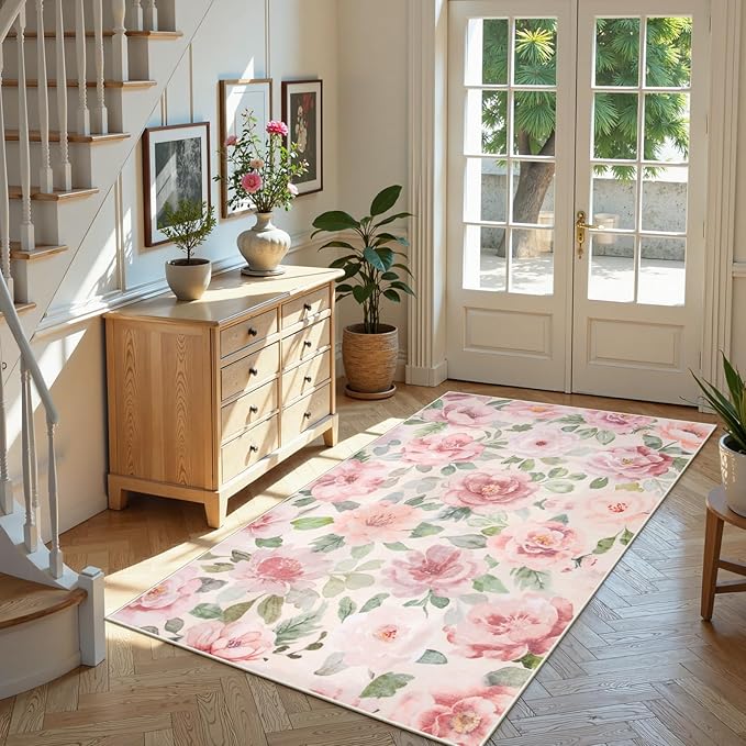 Lahome Floral Washable Rugs 3x5,Entryway Rug Soft Bedroom Rugs Ultra-Thin Home Decor Small Carpet for Bathroom Kitchen Rugs Kids Room,Office,College Dorm 3x5（Beige/Multi