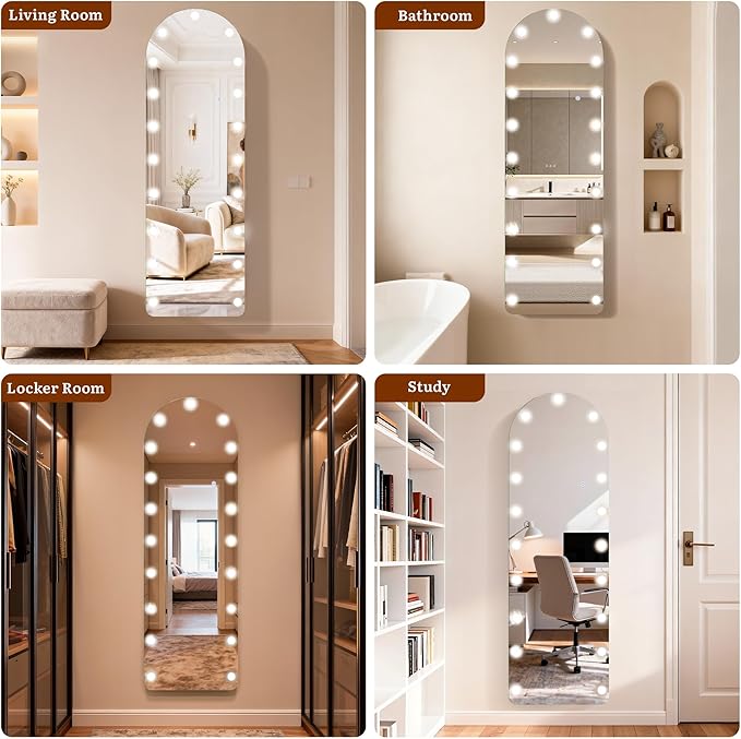 63"×20" Arched Hollywood Full Length Mirror, Standing/Leaning/Hanging Full Body Mirror with 19 Surrounding Lighted Bulbs, Floor Mirror with 3-Mode LED Lights for Bedroom and Living Room