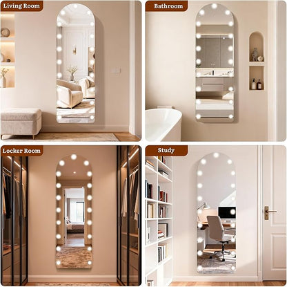 63"×20" Arched Hollywood Full Length Mirror, Standing/Leaning/Hanging Full Body Mirror with 19 Surrounding Lighted Bulbs, Floor Mirror with 3-Mode LED Lights for Bedroom and Living Room