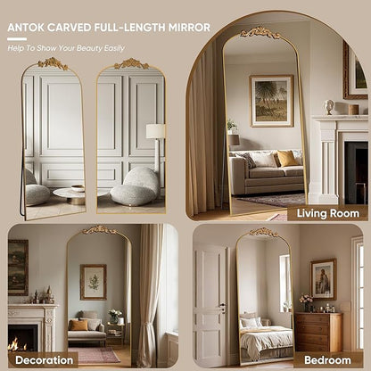 Antok Arched Full Length Mirror, 78"x38" Floor Mirror with Carved, Full Body Mirrors for HomeDecor, Standing/Halling Large Wall Mirror for Bedroom, Living Room, Cloakroom, Gold, Retro Style