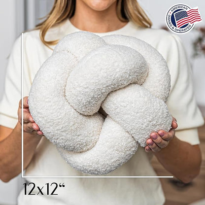 SAMIAH LUXE Vanilla Cream Teddy Boucle Knot Pillow Ball 12", Permanently Stitched Knotted Decorative Throw Pillow, Natural Kapok Fill, Round Accent Pillow for Couch Sofa Bed, Boho Home Decor