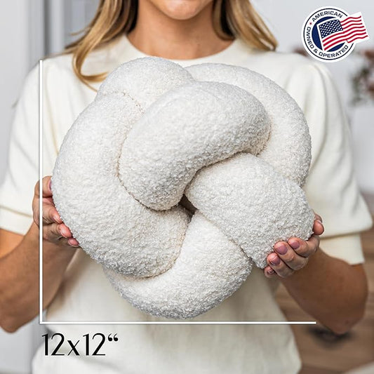 SAMIAH LUXE Vanilla Cream Teddy Boucle Knot Pillow Ball 12", Permanently Stitched Knotted Decorative Throw Pillow, Natural Kapok Fill, Round Accent Pillow for Couch Sofa Bed, Boho Home Decor