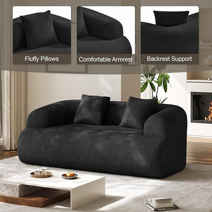 75" Boneless Cloud Loveseat, Modern Cute Curved Chenille Sofa, 2 Seater Compression Couch with 2 Pillows, No Assembly Required for Apartment Living Room, Black