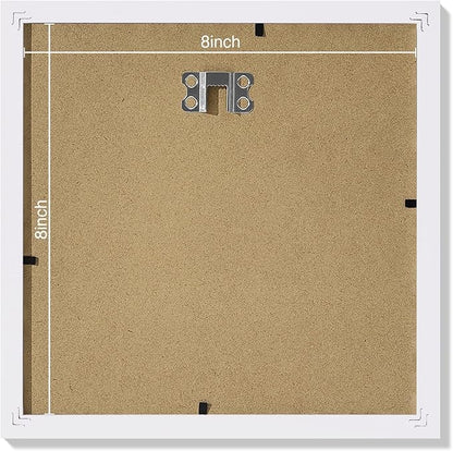 Vittanly 8x8 Picture Frames Set of 9, Shatter Resistant Plexiglass, Display 4x4 Pictures with Mat or 8x8 without Mat, Photo Frames for Wall Mount, Engineered Wood, White