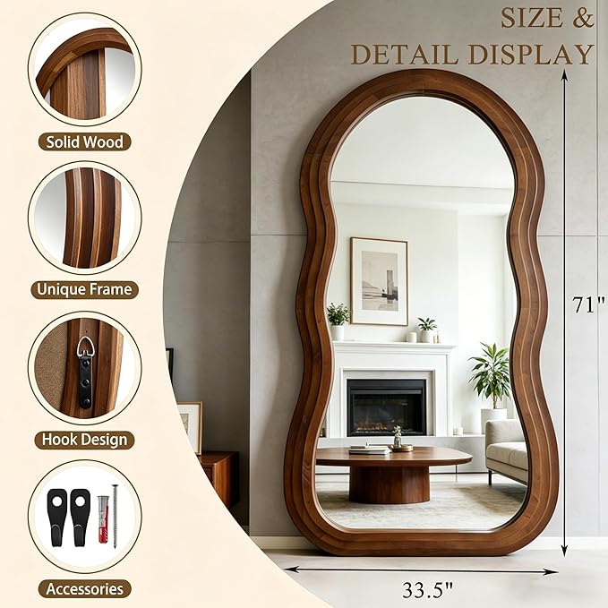 Wavy Full Length Mirror, 71"x33.5" Oversized Organic Floor Mirrors with Triple Layer Solid Wood Frame, Premium Aesthetic Full Body Mirror for Living Room Entryway Hallway, Leaning/Hanging