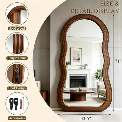 Wavy Full Length Mirror, 71"x33.5" Oversized Organic Floor Mirrors with Triple Layer Solid Wood Frame, Premium Aesthetic Full Body Mirror for Living Room Entryway Hallway, Leaning/Hanging
