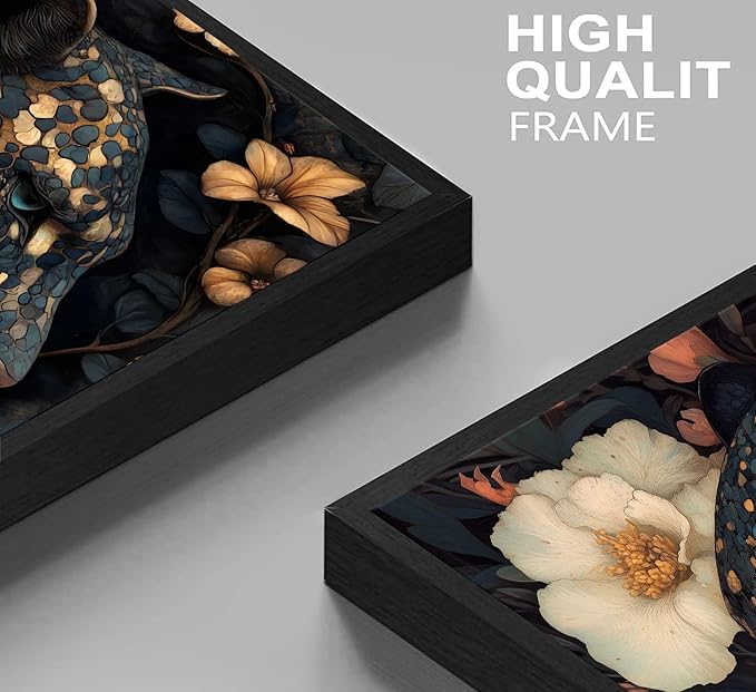 Framed Dark Cheetah Canvas Wall Art Moody Blue and Gold Leopard Wildlife Animal Flower Pictures Painting Wall Decor Poster Print Artwork for Living Room Bedroom Decoration