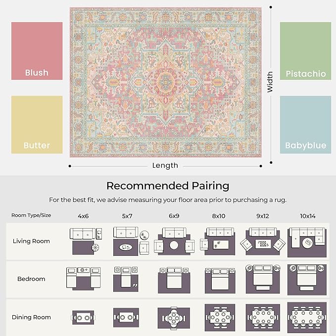 Kokia 4x6 Washable Area Rugs Pink Orange with Vintage Orient Design, Soft Rug for Living Room or Bedroom, Non-Slip Low Pile Stain Resistance Features, Distressed Medallion Pattern
