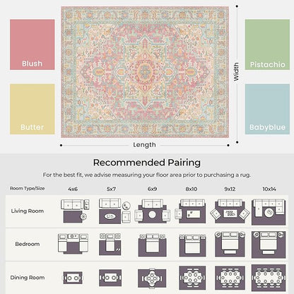 Kokia 8x10 Washable Area Rugs Blossom Pink with Vintage Orient Design Soft Rug for Living Room or Bedroom Non-Slip Low Pile Stain Resistance Features Distressed Medallion Pattern