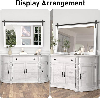 PAIHOME Large White Bathroom Mirror, Farmhouse Horizontal Rustic Square Mirror for Wall Wood Framed Vanity Mirrors, Barn Door Style Decor Living Room Entryway Bedroom Mirrors, 40x26INCH