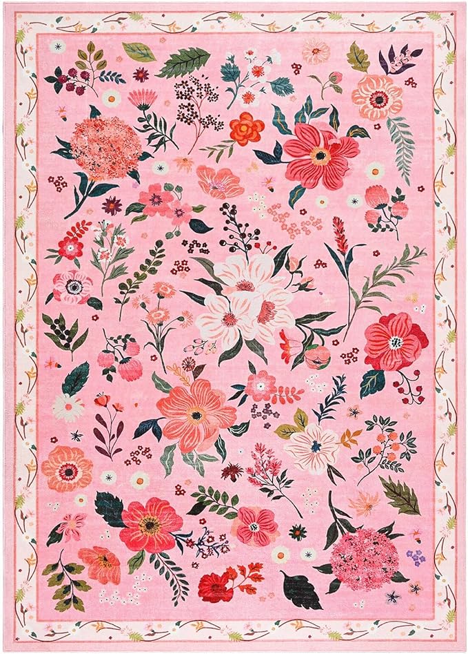 Macgace Pink Floral Rug for Girls Bedroom, 4x6 Machine Washable Area Rugs with Non Slip Backingfor Living Room, Cute Flowers Carpet Kitchen Dining Room Kids Playroom Decor