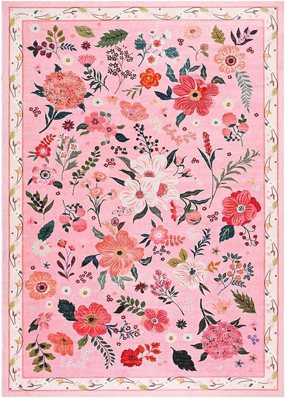 Macgace 5x7 Pink Floral Rug for Living Room, Machine Washable Area Rugs with Non Slip Backingfor Girls Bedroom, Cute Flowers Carpet Kitchen Dining Room Kids Playroom Decor