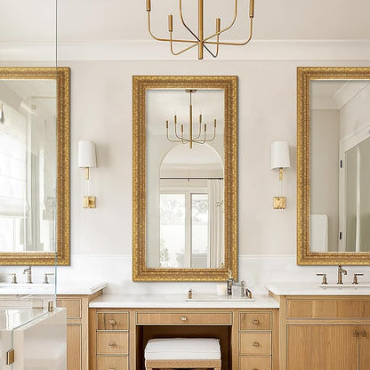 Chende 48" L x 24" W Large Gold Mirror for Wall, Rectangular Decorative Mirror Wall Decor with Leaves Shape Wood Frame, Elegant Baroque Mirror for Bathroom Entrance Hallyway Power Room