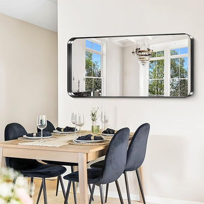 CIRCUMI Black Bathroom Mirror, 24"x48" Rectangular Mirror with Deep Metal Frame, Rounded Corner, Tempered Glass, Large Mirror for Wall, Over 2 Sinks, Installed Vertically/Horizontally, Crystal-Clear
