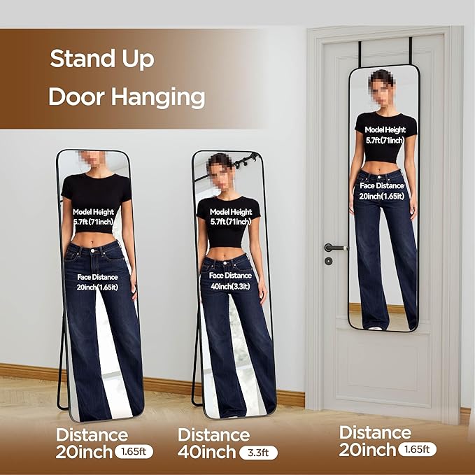 NARCISSUS 57x16 Mirror Door Hanging Full Length Body with Floor Stand or Wall Mounted Metal Aluminum Frame Tempered Glass Rectangle Mirrors for Bedroom Dressing Living Room Bathroom 57 inch Black