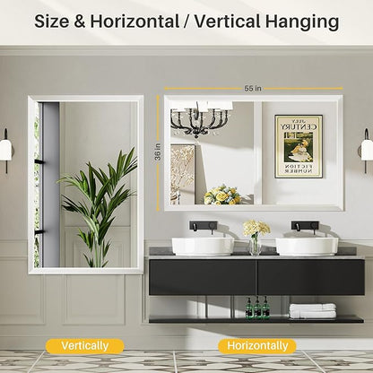55x36 Inch White Bathroom Mirror for Wall, Thick Metal Framed Rectangle Mirrors for Over Sink, Bedroom, Living Room, Entryway, Anti-Rust, HD Tempered Glass