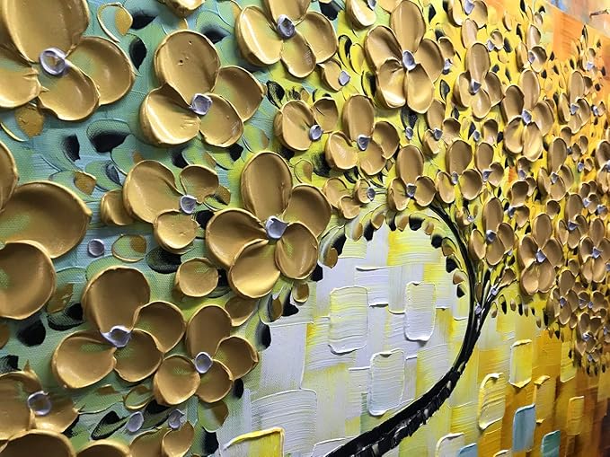 YaSheng Art -Large Wall Art ,100% Hand Painted Gold Flowers Contemporary Art Oil Painting,3D Wall Art Texture Floral Tree Paintings, Wall Art for living room Bedroom Office Wall Deco Home, Abstract Canvas Art Paintings Framed Wall Art Pictures 60 by24 ...