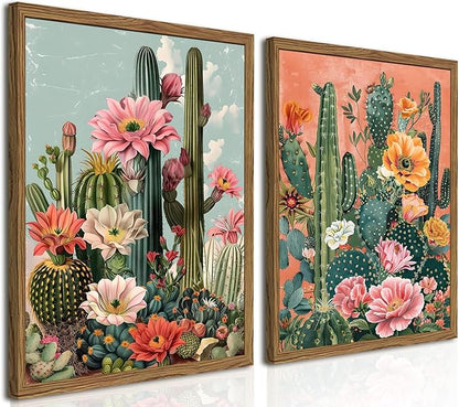 Framed Mexican Cactus Canvas Wall Art Set of 2, Vintage Desert Floral Wall Decor Paintings, Southwestern Boho Botanical Pictures Prints Aesthetic Home Decor for Living Room Bedroom Bathroom 16x24 inch