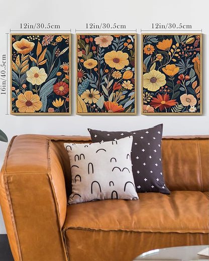 Drsoum Vintage Flower Wall Art Framed Retro Bohemian Boho Colorful Floral Plant Rustic Artwork Nature Botanical Wildflower Prints Bedroom Living Room Ready to Hang 12x16in Natural Framed