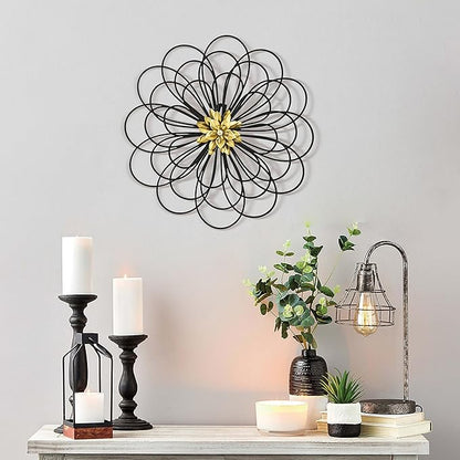 Remenna Metal Flowers Wall Decor, Metal Rustic Wall Art Decoration Farmhouse Wall Decorations Multiple Floral Hanging Decor for Bathroom Living Room Home Office Garden Kitchen (Black&Gold)
