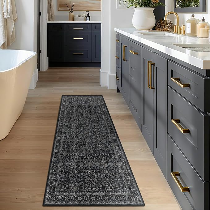 Vintage Dark 2x5 Rug Runners for Hallways, Non Slip Machine Washable Kitchen Runner, Low Pile Lightweight Carpet Runner for Entryway/Bathroom/Corridor/Laundry Room, Midnight