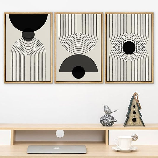 SIGNLEADER Framed Canvas Print Wall Art Black Semi-Circle an Line Parabola Abstract Shapes Illustrations Modern Art Minimalist Edgy Black and White for Living Room, Bedroom, Office - 16"x24"x3 NATURAL