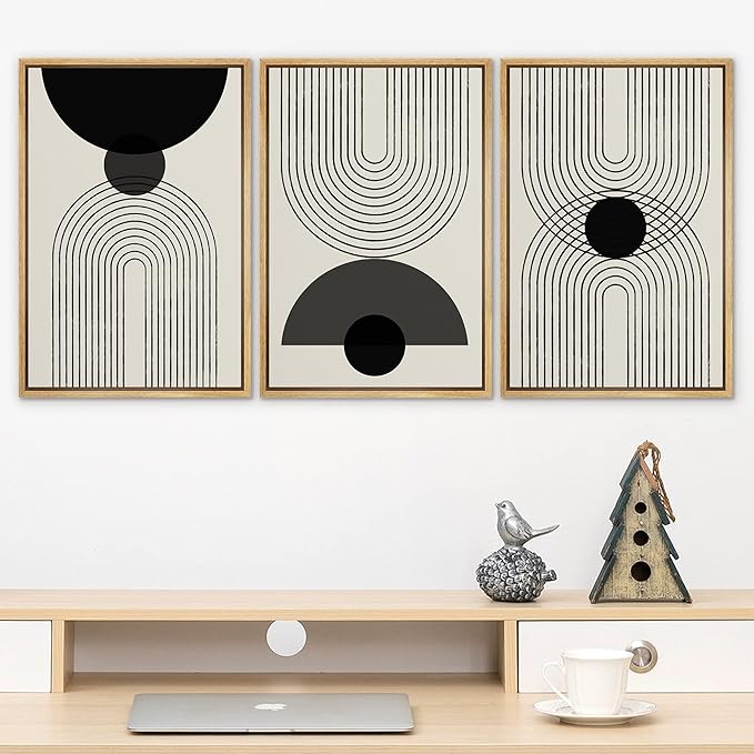 SIGNLEADER Framed Canvas Print Wall Art Black Semi-Circle an Line Parabola Abstract Shapes Illustrations Modern Art Minimalist Edgy Black and White for Living Room, Bedroom, Office - 24"x36"x3 NATURAL