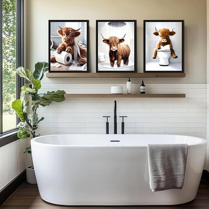 Highland Cow Bathroom Decor Set of 3, Funny Brown Cute Highland Cow Wall Art Paintings, Vintage Rustic Farmhouse Canvas Pictures Posters Prints for Bathroom, Restroom Black Wood Framed 12x16 Inch