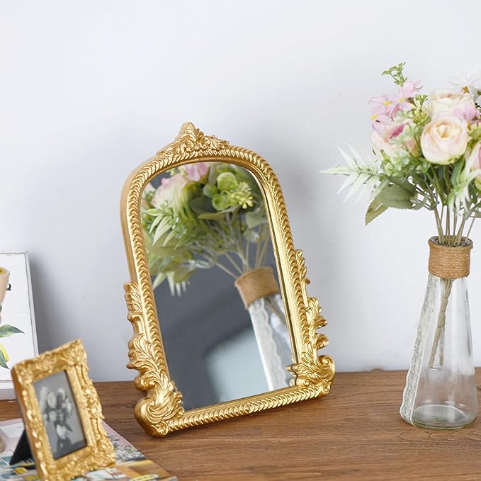 Vintage Gold Arched Mirror for Vanity with Resin Frame -Small Size (9.5 x 11.6 inch) Standing Mirror for Living Room, Bedroom, Tabletop