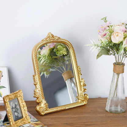 Vintage Gold Arched Mirror for Vanity with Resin Frame -Small Size (9.5 x 11.6 inch) Standing Mirror for Living Room, Bedroom, Tabletop