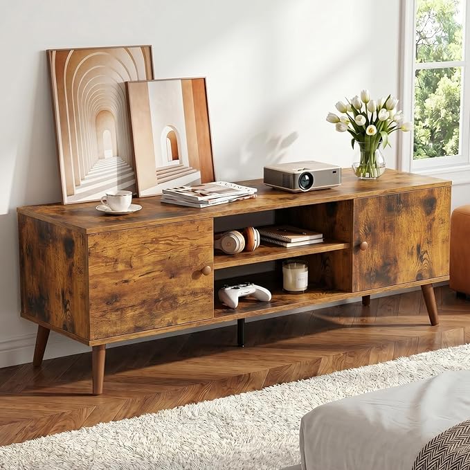 DUMOS TV Stand for 55 60 inch TV, Modern Mid Century Entertainment Center with Storage, Wooden Media Console Table with 2 Cabinets, for Living Room, Bedroom, Rust