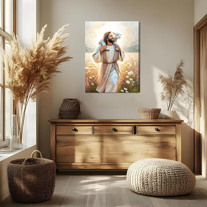 Jesus Canvas Wall Art Print – Christian Wall Decor Poster Painting of Jesus Carrying the Lamb, Inspirational Religious Decor for Living Room, Church or Prayer Room – 16"x24" Framed