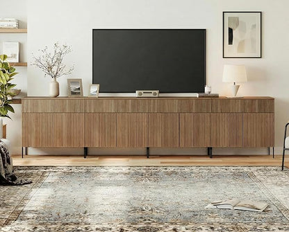 WAMPAT Large Fluted TV Stand TVs up to 120 inch, 126" W Modern TV Entertainment Center with Storage and 4 Drawers & 8 Doors, Wood Media TV Console Table with Storage for Living Room, Light Walnut