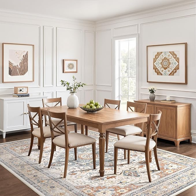 6x8 Area Rug Living Room: Washable Boho Large Neutral Vintage Soft Rugs Stain Resistant Distressed Farmhouse Non-Slip Indoor Floor Carpet for Bedroom Nursery Kids Office Dining Room- Beige Blue